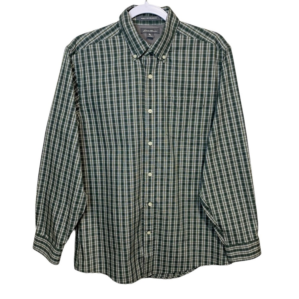 Eddie Bauer -  Relaxed Fit -Wrinkle Free Green Plaid Shirt - Size S